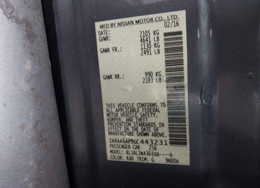 Photo 9 of 2016 Nissan Maxima 3.5 SV (VIN 1N4AA6AP9GC443231)