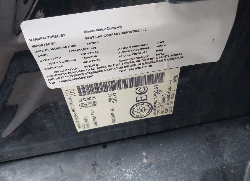 Photo 9 of 2016 Nissan Maxima 3.5 PLATINUM/3.5 S/3.5 SL/3.5 SR/3.5 SV (VIN 1N4AA6APXGC420167)