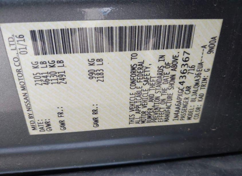 Photo 9 of 2016 Nissan Maxima 3.5 PLATINUM/3.5 S/3.5 SL/3.5 SR/3.5 SV (VIN 1N4AA6APXGC436367)