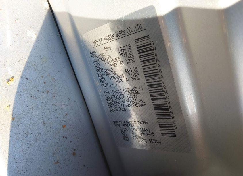 Photo 9 of 2019 Nissan Maxima 3.5 PLATINUM/3.5 S/3.5 SL/3.5 SR/3.5 SV (VIN 1N4AA6AV2KC356908)