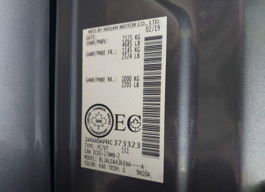 Photo 9 of 2019 Nissan Maxima 3.5 PLATINUM/3.5 S/3.5 SL/3.5 SR/3.5 SV (VIN 1N4AA6AV4KC373323)