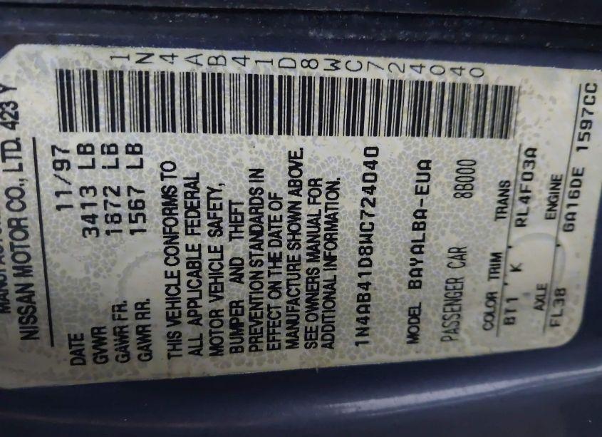 Photo 9 of 1998 Nissan Sentra GLE/GXE/XE (VIN 1N4AB41D8WC724040)