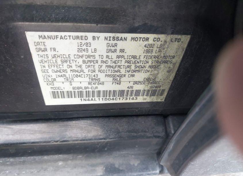 Photo 9 of 2004 Nissan Altima 2.5 SL (VIN 1N4AL11D04C173143)