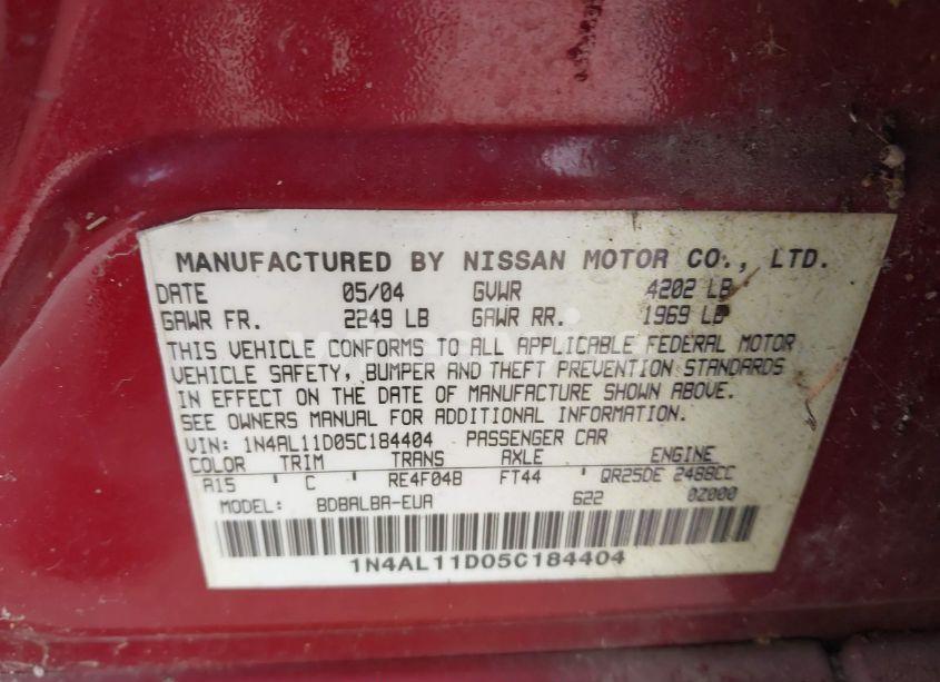 Photo 9 of 2005 Nissan Altima 2.5 S (VIN 1N4AL11D05C184404)