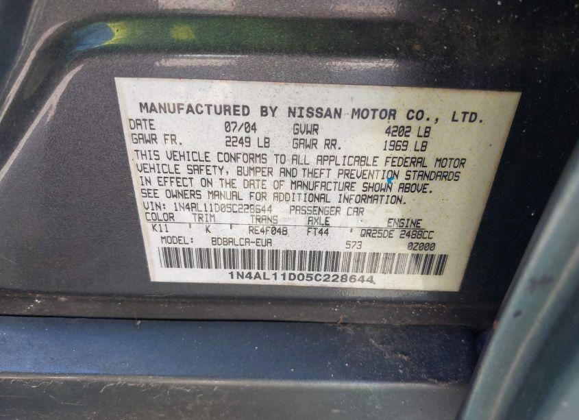 Photo 9 of 2005 Nissan Altima 2.5 S (VIN 1N4AL11D05C228644)
