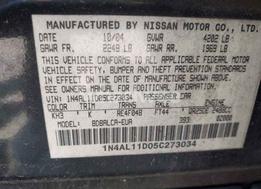Photo 9 of 2005 Nissan Altima 2.5 S (VIN 1N4AL11D05C273034)