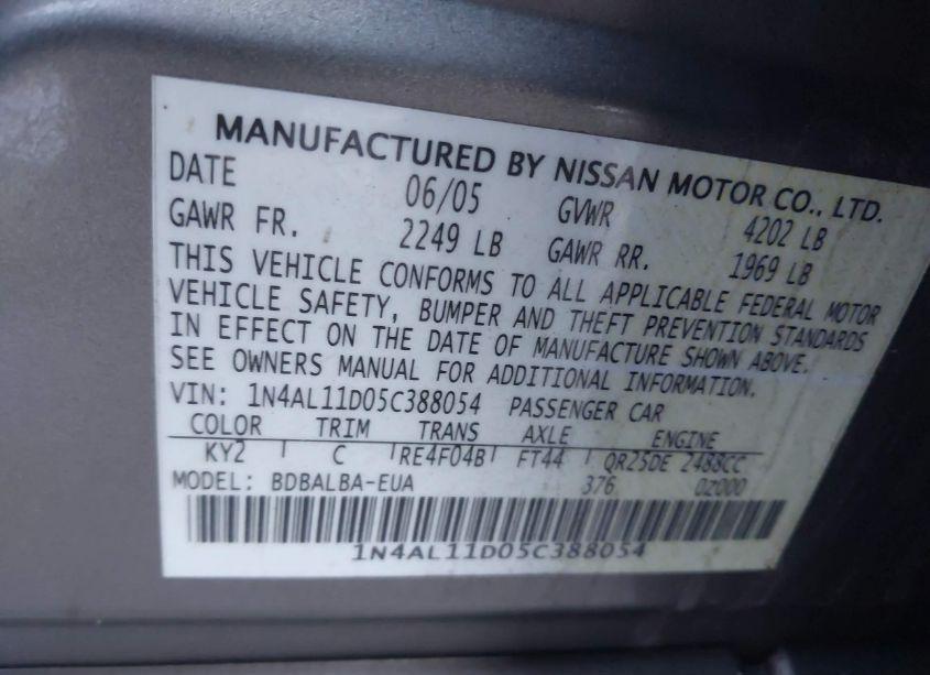 Photo 9 of 2005 Nissan Altima 2.5 S (VIN 1N4AL11D05C388054)