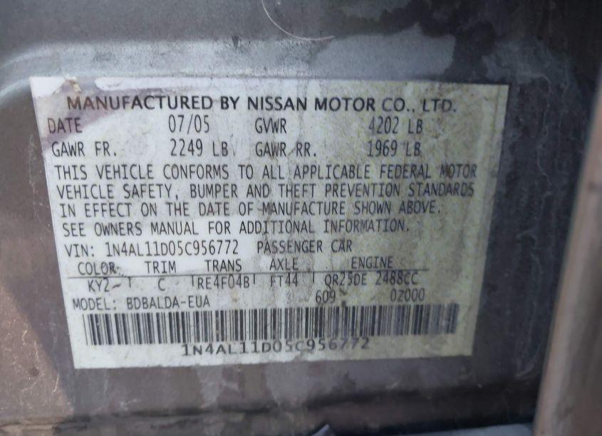 Photo 9 of 2005 Nissan Altima 2.5 S (VIN 1N4AL11D05C956772)