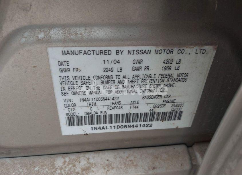 Photo 9 of 2005 Nissan Altima 2.5 S (VIN 1N4AL11D05N441422)