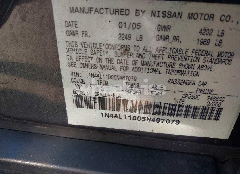 Photo 9 of 2005 Nissan Altima 2.5 S (VIN 1N4AL11D05N467079)