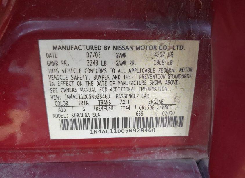 Photo 9 of 2005 Nissan Altima 2.5 S (VIN 1N4AL11D05N928460)