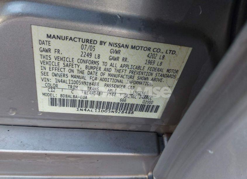 Photo 9 of 2005 Nissan Altima 2.5 S (VIN 1N4AL11D05N928488)