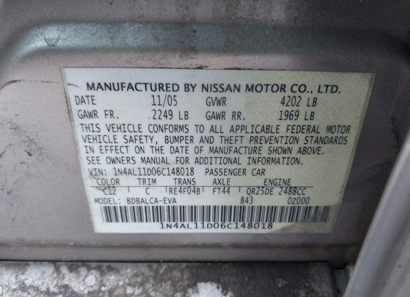 Photo 9 of 2006 Nissan Altima 2.5 S (VIN 1N4AL11D06C148018)