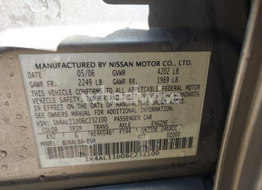 Photo 9 of 2006 Nissan Altima 2.5 S (VIN 1N4AL11D06C232100)