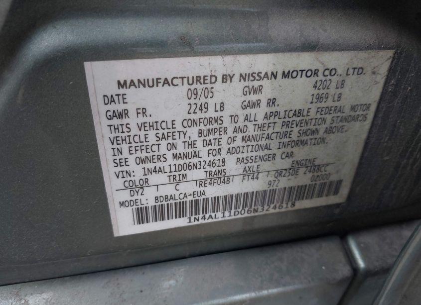 Photo 9 of 2006 Nissan Altima 2.5 S (VIN 1N4AL11D06N324618)