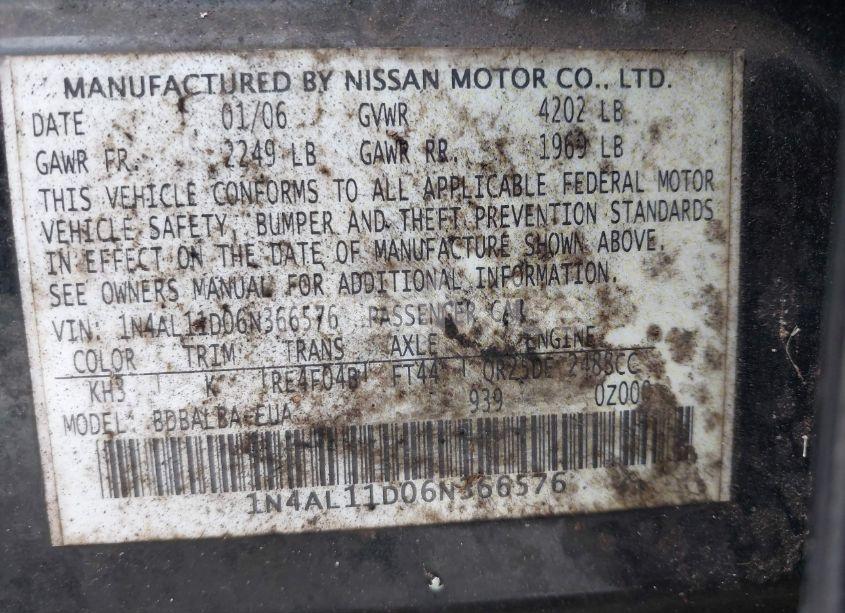 Photo 9 of 2006 Nissan Altima 2.5 S (VIN 1N4AL11D06N366576)