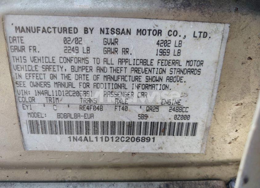 Photo 9 of 2002 Nissan Altima 2.5 SL (VIN 1N4AL11D12C206891)