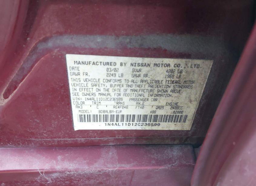 Photo 9 of 2002 Nissan Altima 2.5 S (VIN 1N4AL11D12C236599)