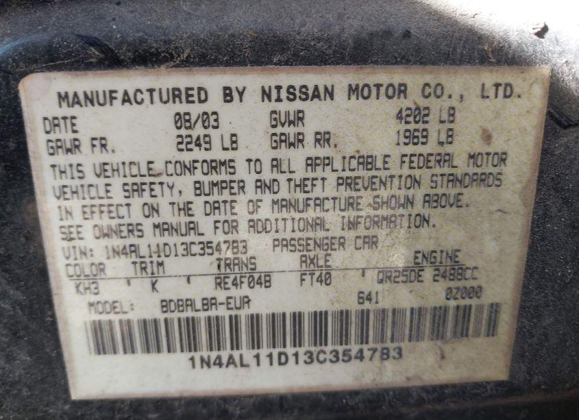 Photo 9 of 2003 Nissan Altima 2.5 S (VIN 1N4AL11D13C354783)