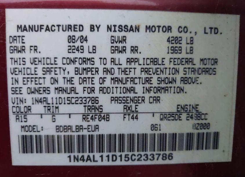 Photo 9 of 2005 Nissan Altima 2.5 S (VIN 1N4AL11D15C233786)