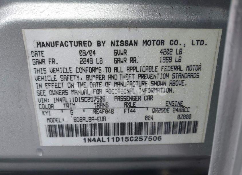 Photo 9 of 2005 Nissan Altima 2.5 S (VIN 1N4AL11D15C257506)