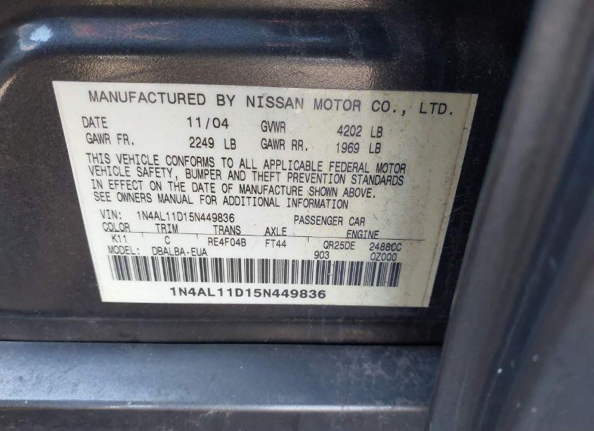 Photo 9 of 2005 Nissan Altima 2.5 S (VIN 1N4AL11D15N449836)