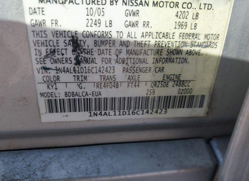 Photo 9 of 2006 Nissan Altima 2.5 S (VIN 1N4AL11D16C142423)
