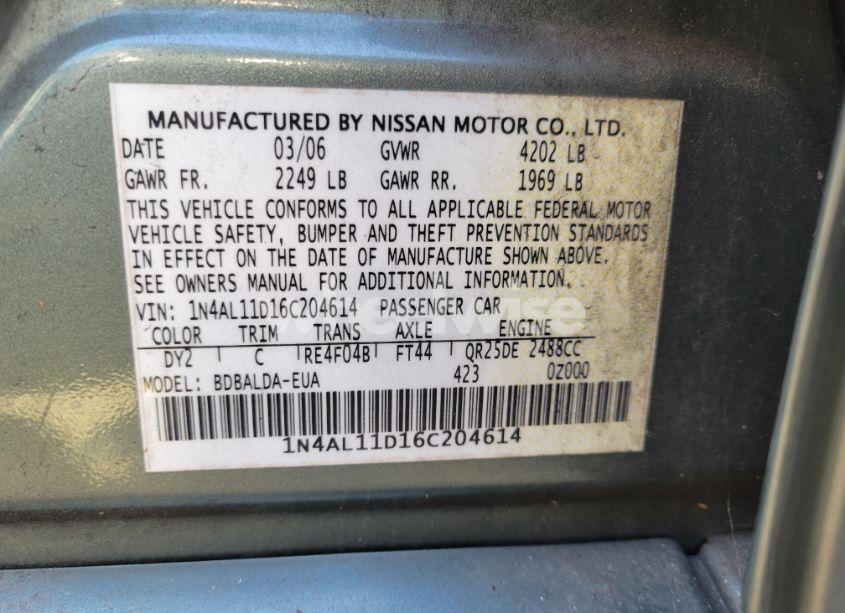 Photo 9 of 2006 Nissan Altima (VIN 1N4AL11D16C204614)