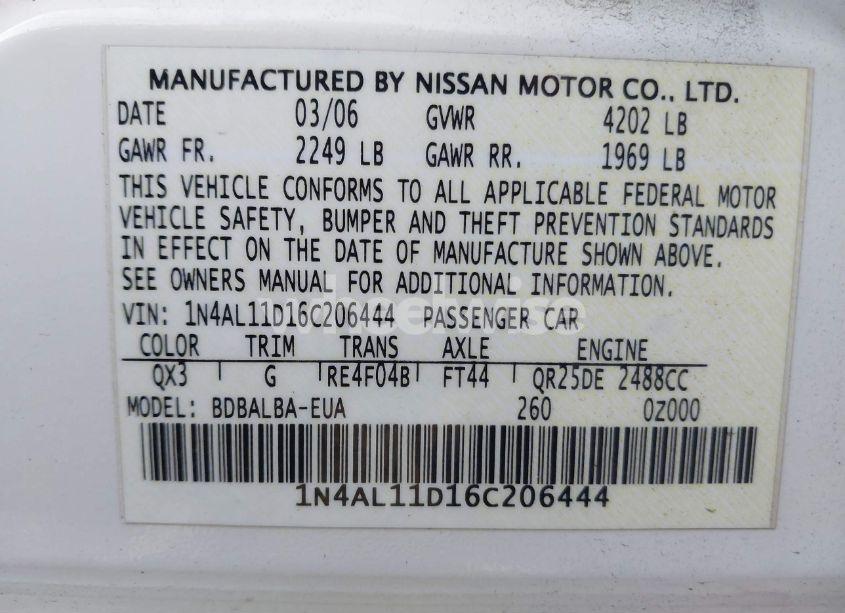 Photo 9 of 2006 Nissan Altima S/SL (VIN 1N4AL11D16C206444)