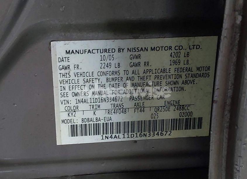 Photo 9 of 2006 Nissan Altima 2.5 S (VIN 1N4AL11D16N334672)