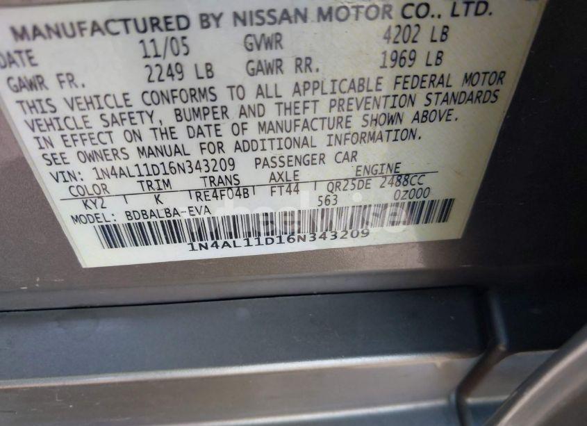 Photo 9 of 2006 Nissan Altima 2.5 S (VIN 1N4AL11D16N343209)
