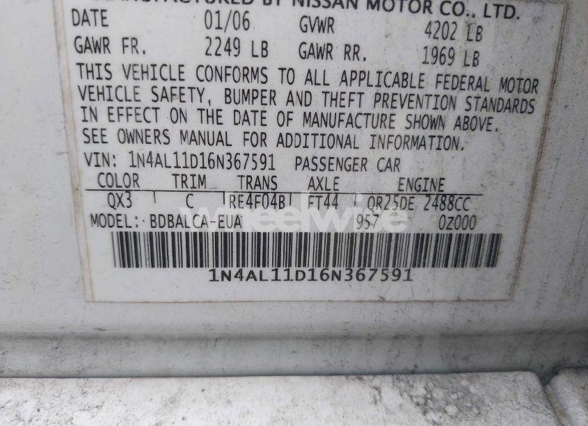 Photo 9 of 2006 Nissan Altima 2.5 S (VIN 1N4AL11D16N367591)