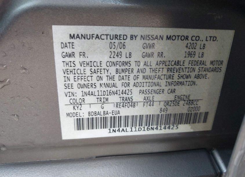 Photo 9 of 2006 Nissan Altima 2.5 S (VIN 1N4AL11D16N414425)