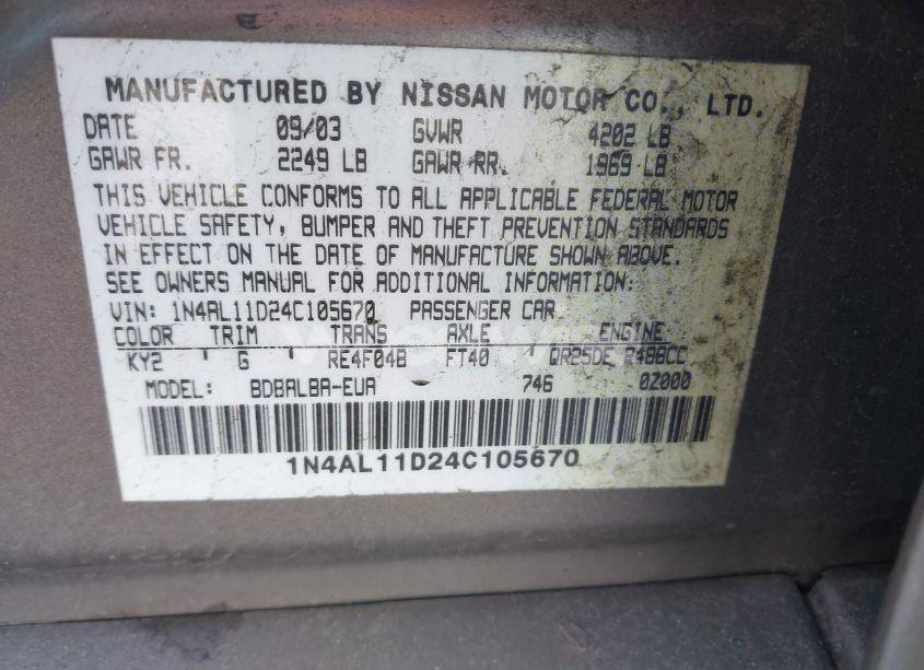 Photo 9 of 2004 Nissan Altima 2.5 S (VIN 1N4AL11D24C105670)