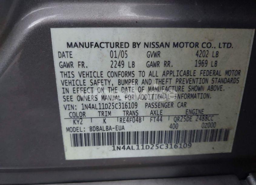 Photo 9 of 2005 Nissan Altima 2.5 S (VIN 1N4AL11D25C316109)