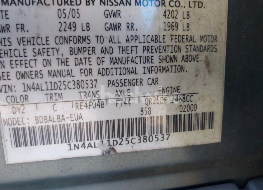 Photo 9 of 2005 Nissan Altima 2.5 S (VIN 1N4AL11D25C380537)
