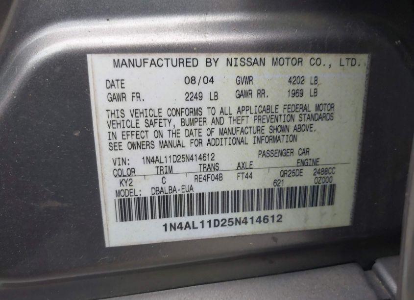 Photo 9 of 2005 Nissan Altima 2.5 S (VIN 1N4AL11D25N414612)