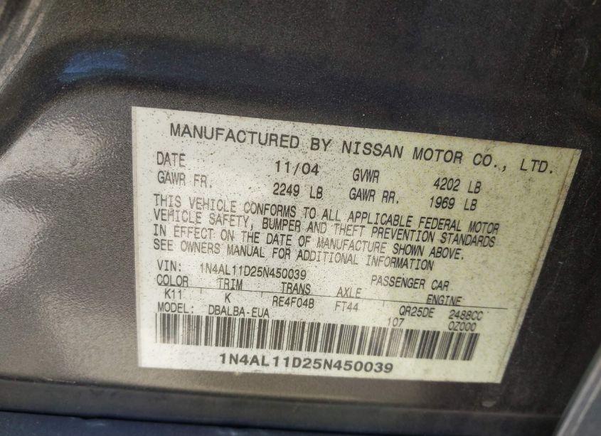Photo 9 of 2005 Nissan Altima 2.5 S (VIN 1N4AL11D25N450039)
