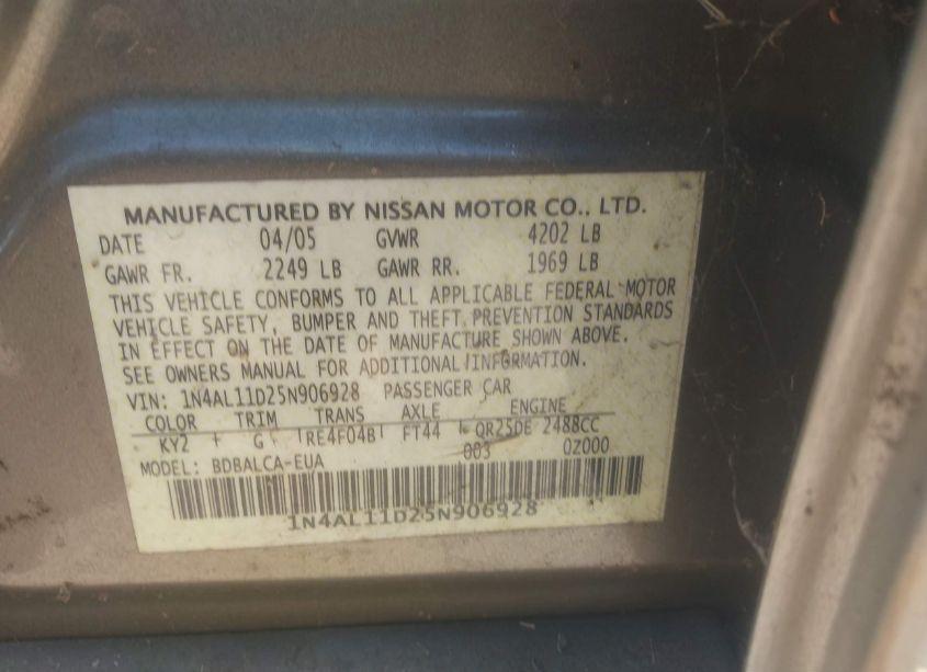 Photo 9 of 2005 Nissan Altima 2.5 S (VIN 1N4AL11D25N906928)