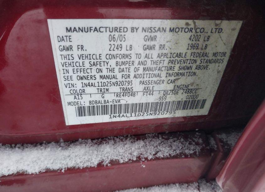 Photo 9 of 2005 Nissan Altima 2.5 S (VIN 1N4AL11D25N920795)