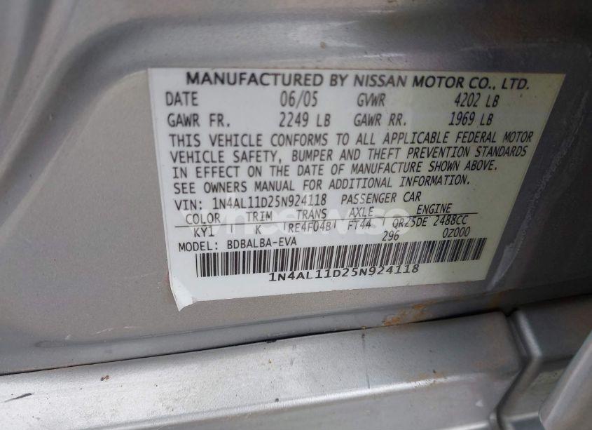 Photo 9 of 2005 Nissan Altima 2.5 S (VIN 1N4AL11D25N924118)