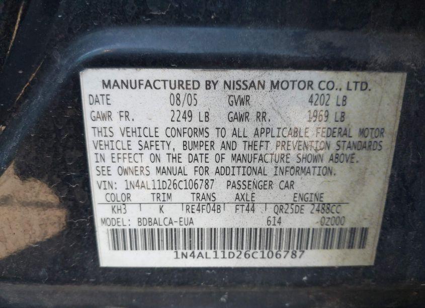 Photo 9 of 2006 Nissan Altima 2.5 S (VIN 1N4AL11D26C106787)