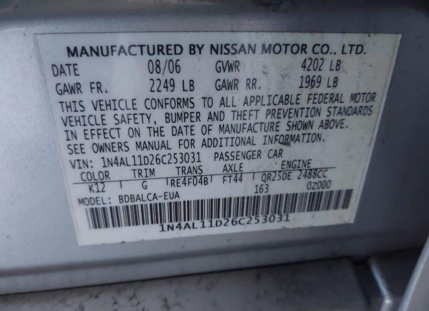 Photo 9 of 2006 Nissan Altima S/SL (VIN 1N4AL11D26C253031)