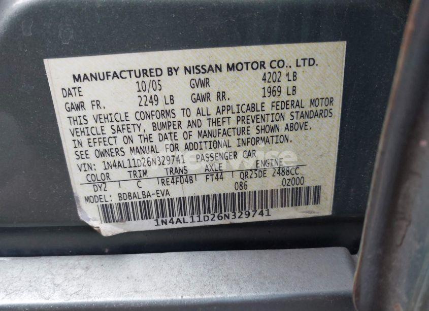 Photo 9 of 2006 Nissan Altima 2.5 S (VIN 1N4AL11D26N329741)