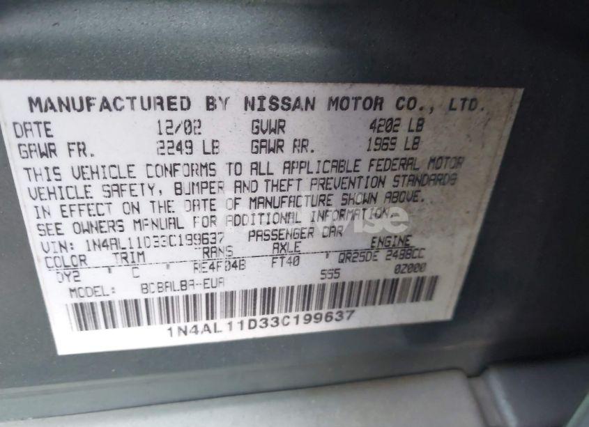 Photo 9 of 2003 Nissan Altima 2.5 S (VIN 1N4AL11D33C199637)