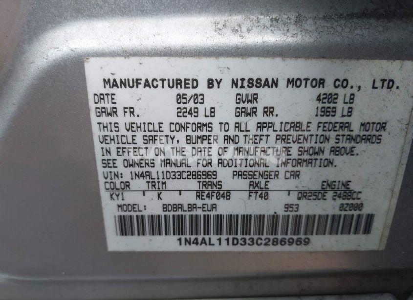 Photo 9 of 2003 Nissan Altima 2.5 S (VIN 1N4AL11D33C286969)