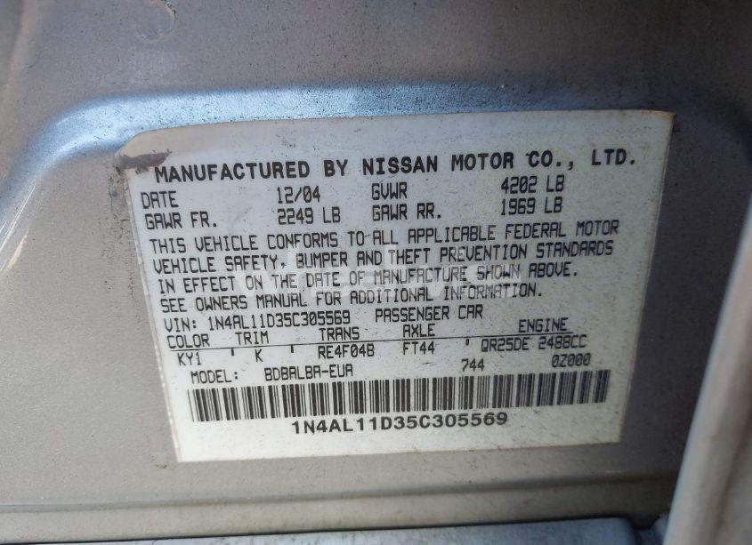 Photo 9 of 2005 Nissan Altima 2.5 S (VIN 1N4AL11D35C305569)