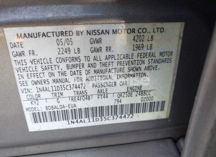Photo 9 of 2005 Nissan Altima 2.5 S (VIN 1N4AL11D35C374472)