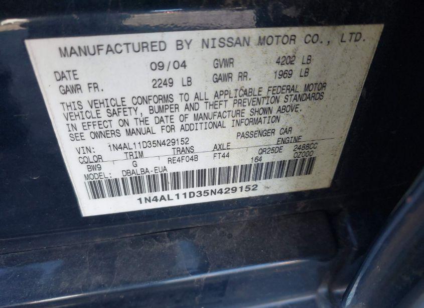 Photo 9 of 2005 Nissan Altima 2.5 S (VIN 1N4AL11D35N429152)