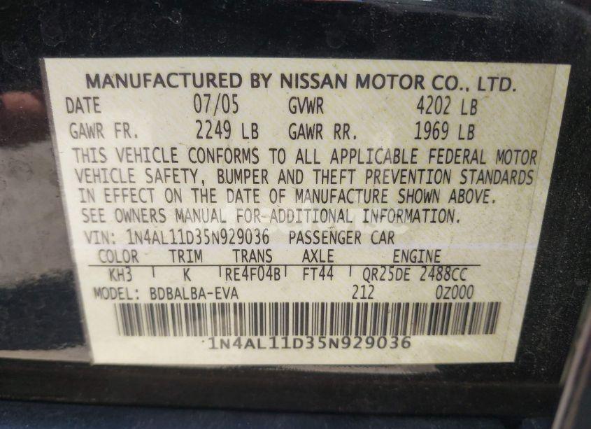 Photo 9 of 2005 Nissan Altima 2.5 S (VIN 1N4AL11D35N929036)